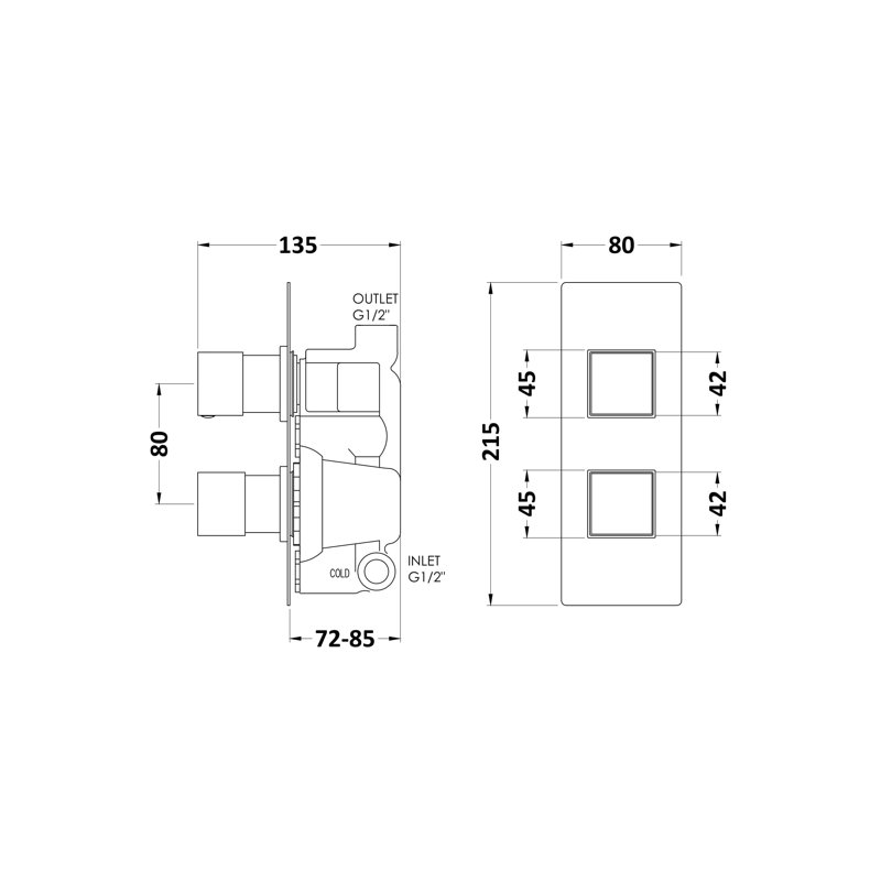 Square Valves Double Concealed Shower Valve