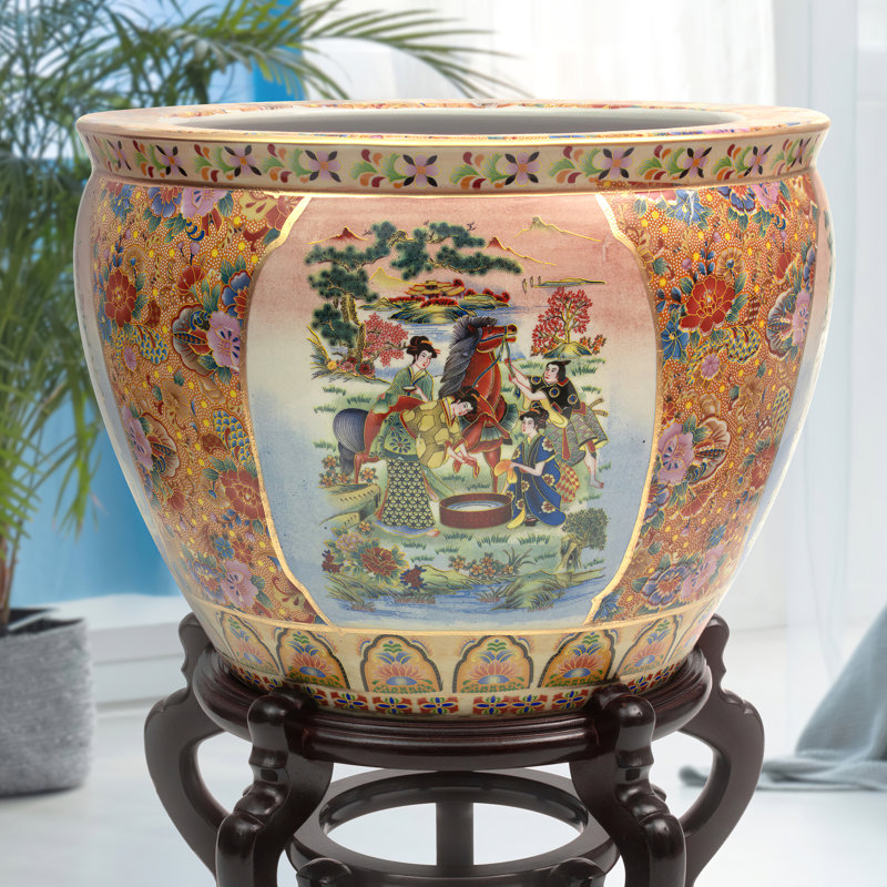 Satsuma Garden & Peacock Porcelain Fishbowl, Horse in Meadow, 13.5" H x 18" W x 18" D