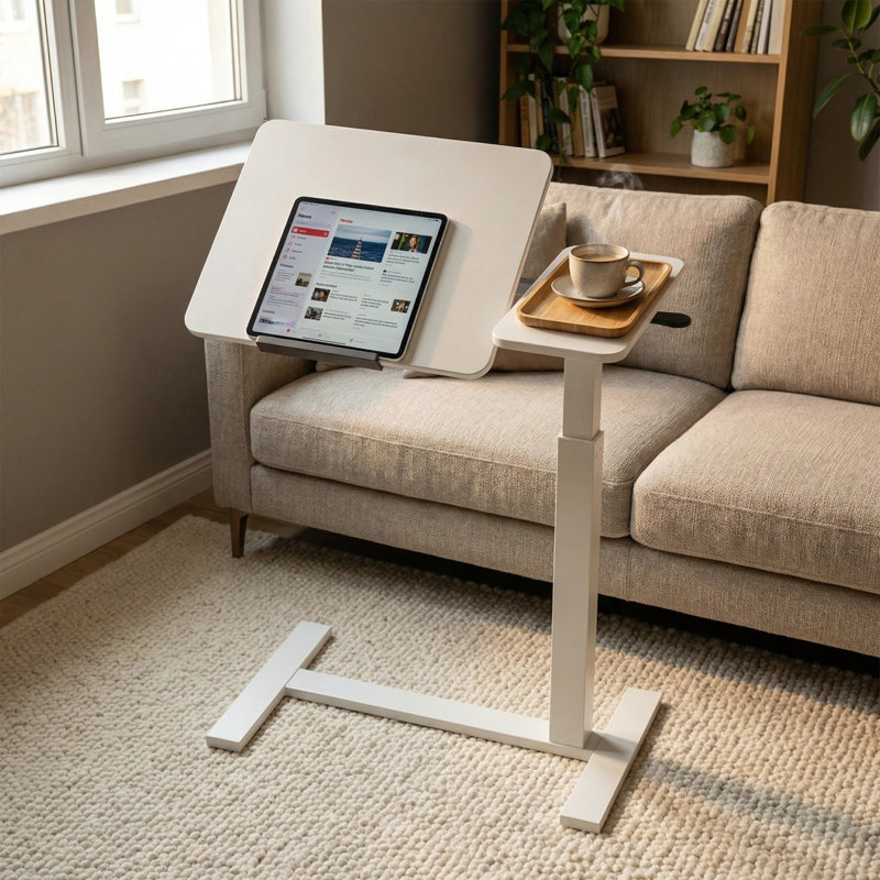 Bureau mobile mobile debout, bureau de chevet au-dessus du lit avec bureau rabattable et 4 roulettes, table d'ordinateur portable réglable en hauteur et en angle, bureau portable au-dessus du lit pour la maison, le bureau, le bureau, l’hôpital.  Blanc