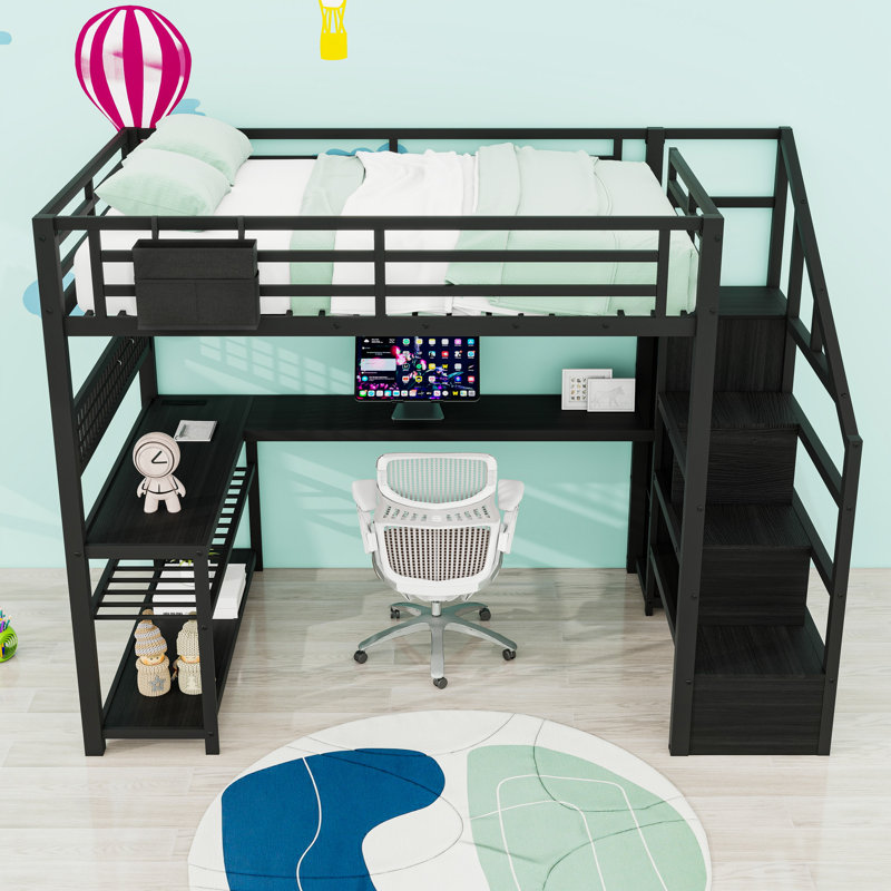 Full Metal Loft Bed With Light Strips, L-Shaped Desk, USB Ports And Storage Stairs, Black