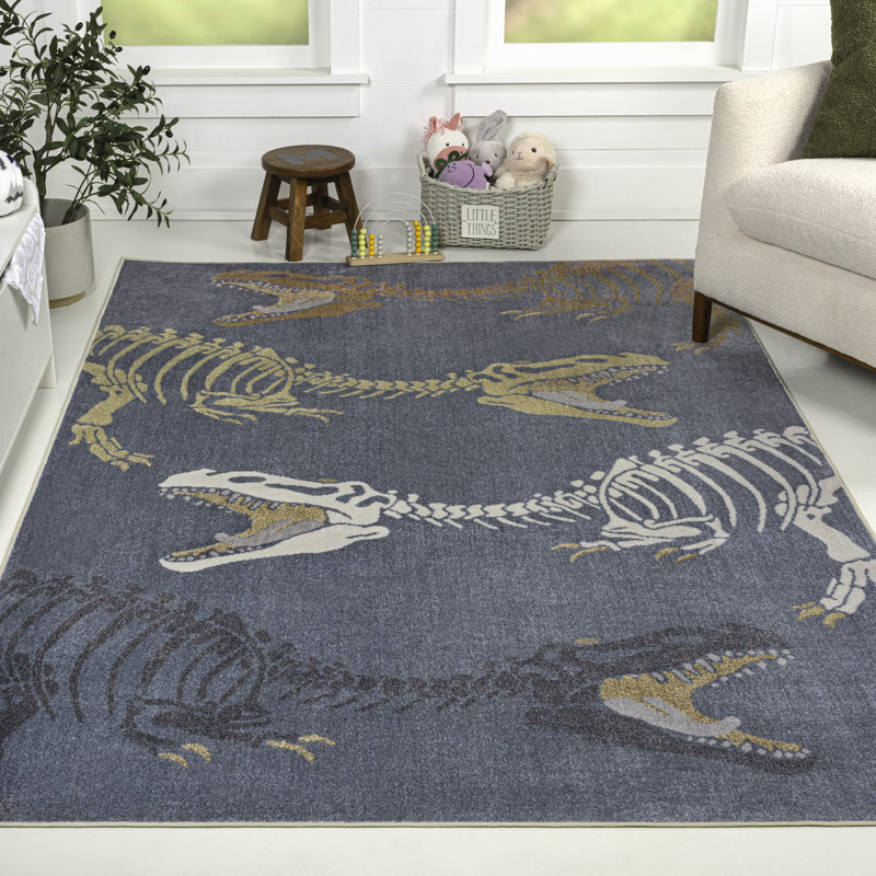 Kingdarr T-Rex Modern Kids Machine-Washable Rug, Rectangle 4' x 6', Navy/Multi