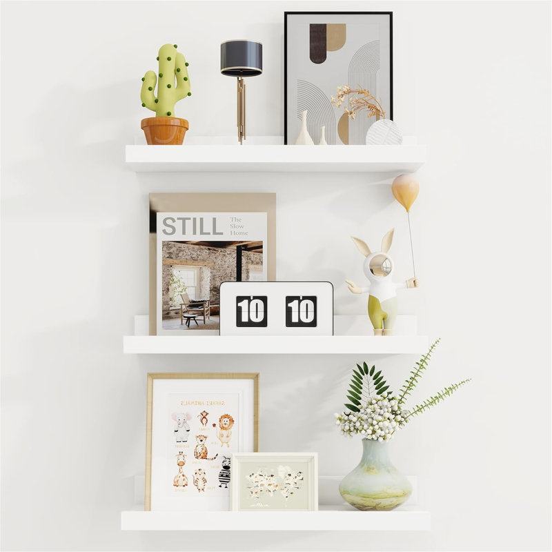 Rustic Floating Shelves Set of 3 with Lip, Picture Ledge Shelf for Nursery, Living Room – Multipurpose Storage Organizer, Bookshelf, & Photo Display Rack White