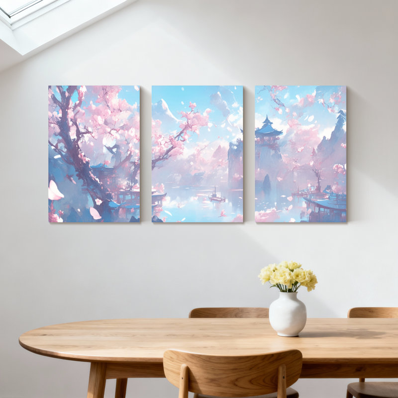 Paysage et nature Cherry Blossom Lake Temple Sky Reflections Clouds Mountains, ensemble de 3 impressions sur toile