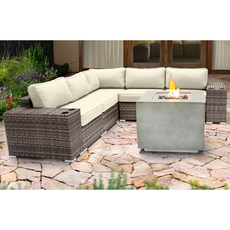 Ensemble de conversation modulaire 8 pièces avec coussins Sunbrella et foyer en béton Lsi, Toile Sunbrella
