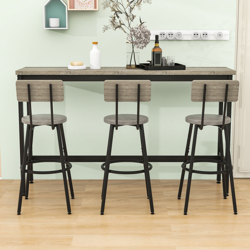 Ensemble de table de salle à manger long 4 pièces avec 3 tabourets rembourrés en polyuréthane, Gris rustique