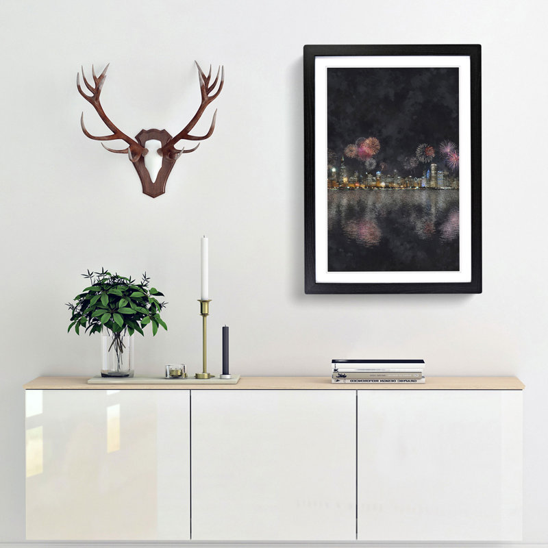 Fireworks Above the Chicago - Picture Frame Painting Print, 33cm H x 24cm W x 2cm D, Black Framed