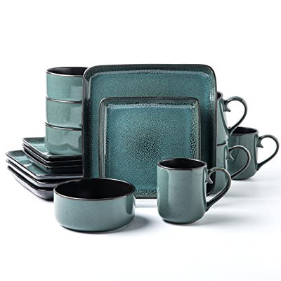 FLACKAR Square Stoneware 16pc Dinnerware Set for 4, Dinner Plates, Side Plates, Cereal Bowls, Mugs - Reactive Glaze