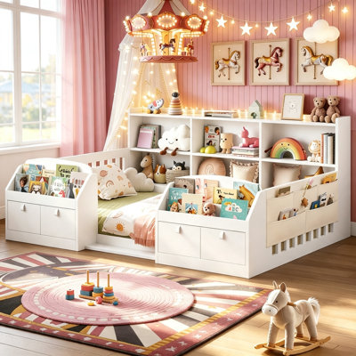 Montessori Floor Bed with Bookcase & Guardrails Storage Kids Grounded Bed, Mother & Child Low-Profile Bed