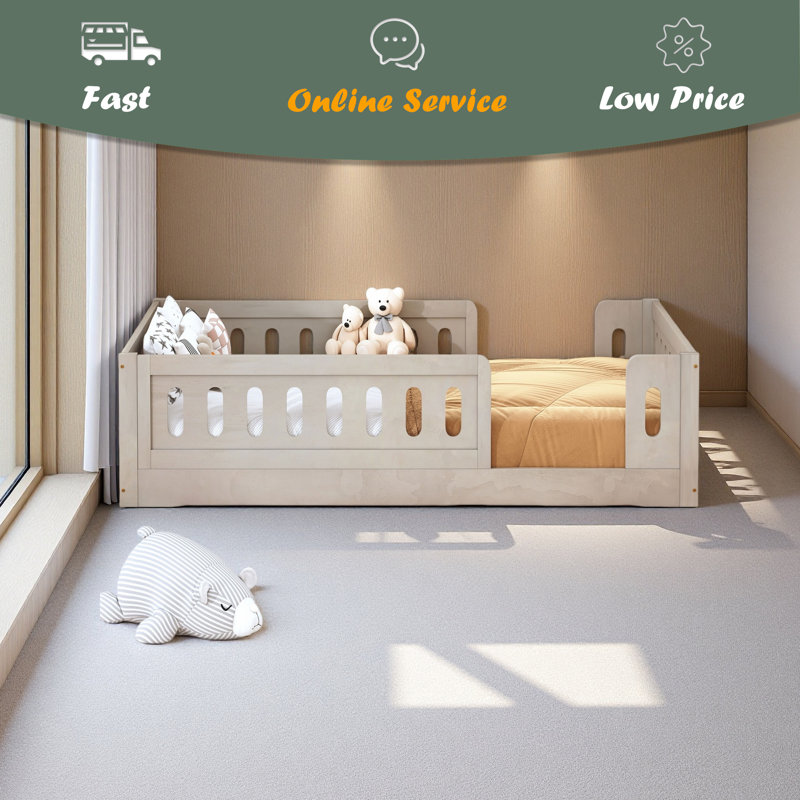 Wood Twin Size Platform Bed With Guardrail