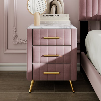 Velvet Upholstered 3 Drawers Wooden Nightstand, Marbling Stickers Worktop, Metal Legs&Handles