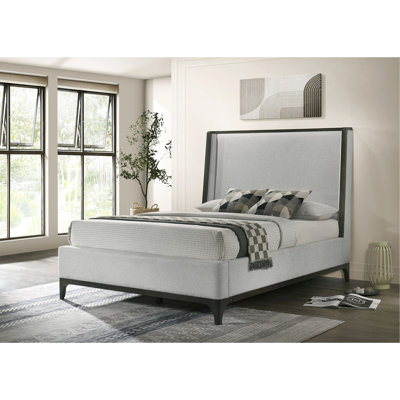 1pc Queen Size Upholstered Wingback Design Bed Gray Wooden Trim Premium Fabric Bedroom Furniture