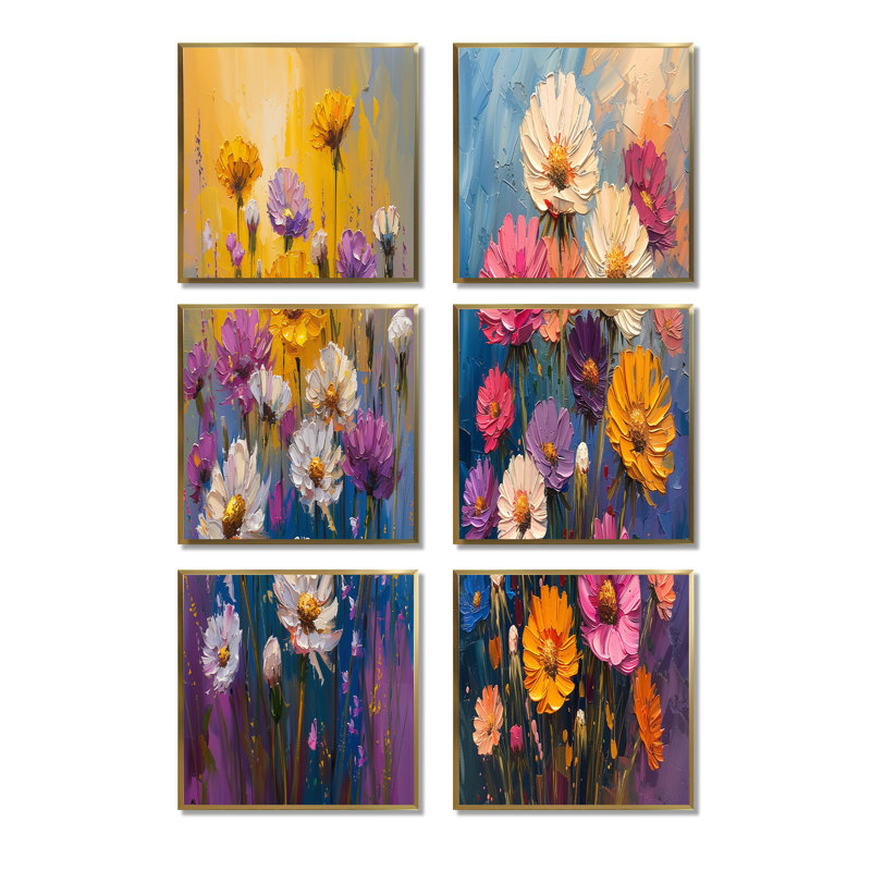 Ensemble de salon 6 pièces avec pissenlit blanc et mauve, Impression encadrée sans passe-partout, Doré