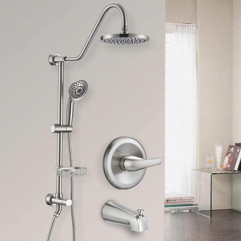 Brushed Nickel Shower Package With 2 Heads And 5 Spray Patterns 8" Rain Head Handheld In For Modern Bathroom