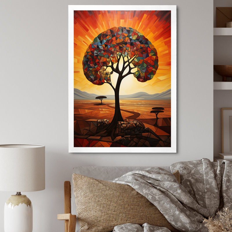 Cubist African Tree Landscape 4 - Art mural arbre africain, Cadre photo blanc, H 40 po x l 30 po x P 1,5 po