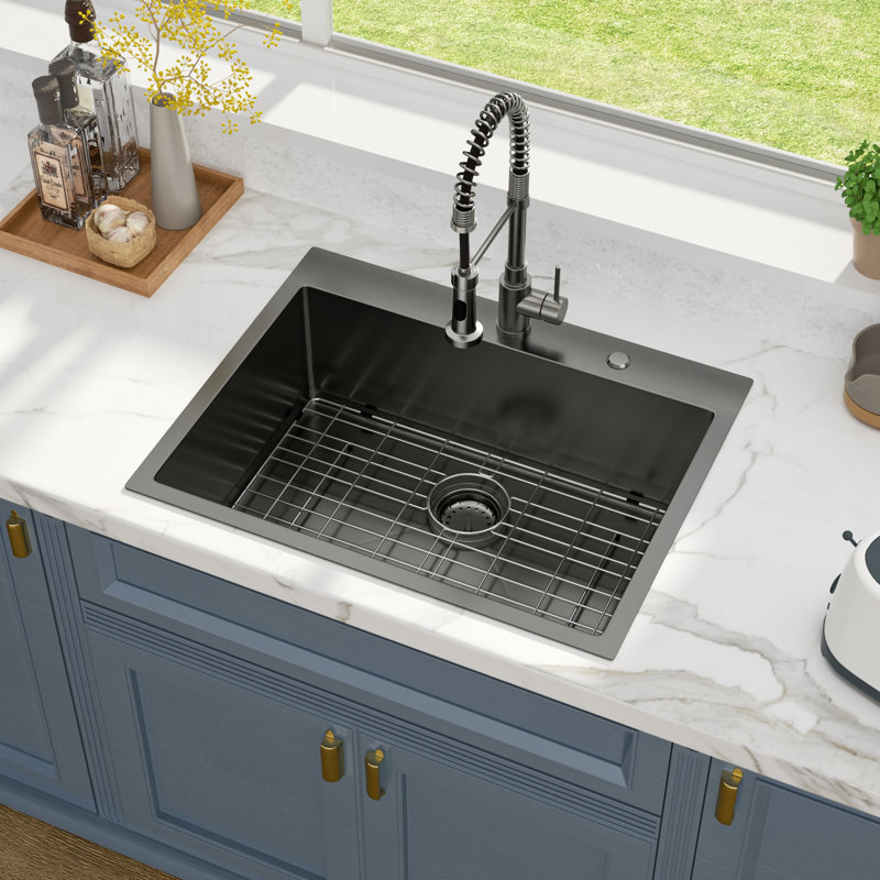 28" L x 22" W Drop-in Kitchen Sink 16 Gauge Stainless Steel Kitchen Sink Topmount Single Bowl Sink, Black