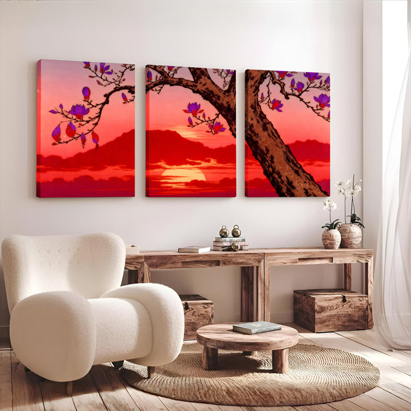 Ensemble de 3 toiles murales représentant un coucher de soleil sur un cerisier en fleurs, H 18 po x l 36 po