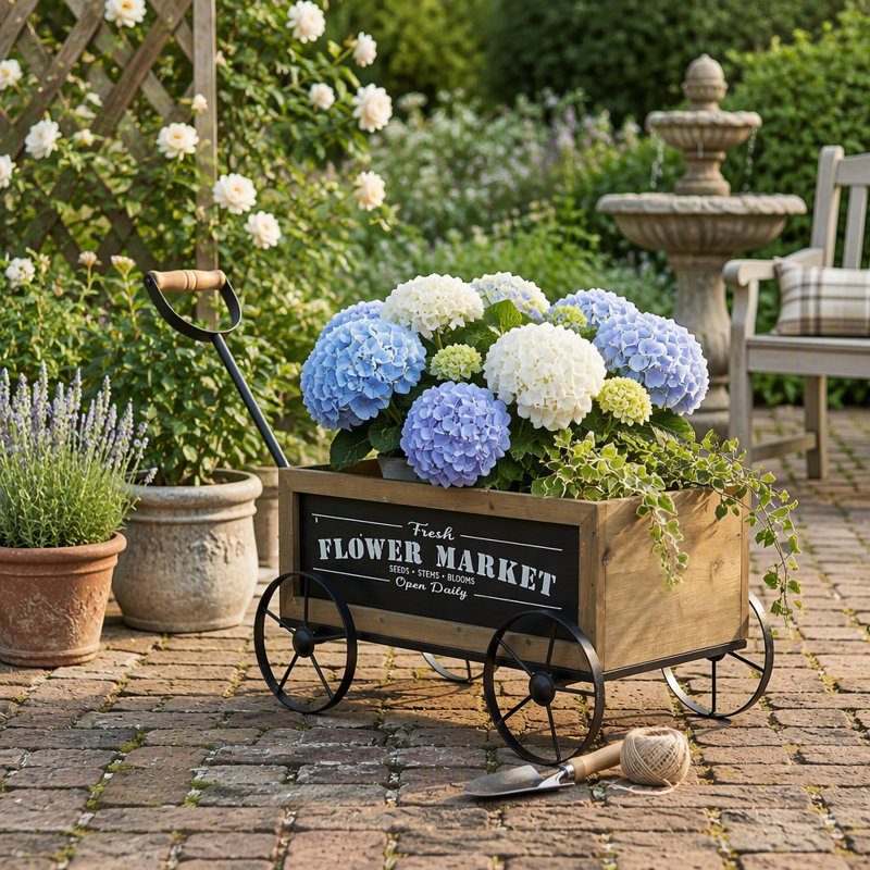 Jardinière rustique en bois en forme de chariot avec roues en fer et panneau de marché aux fleurs