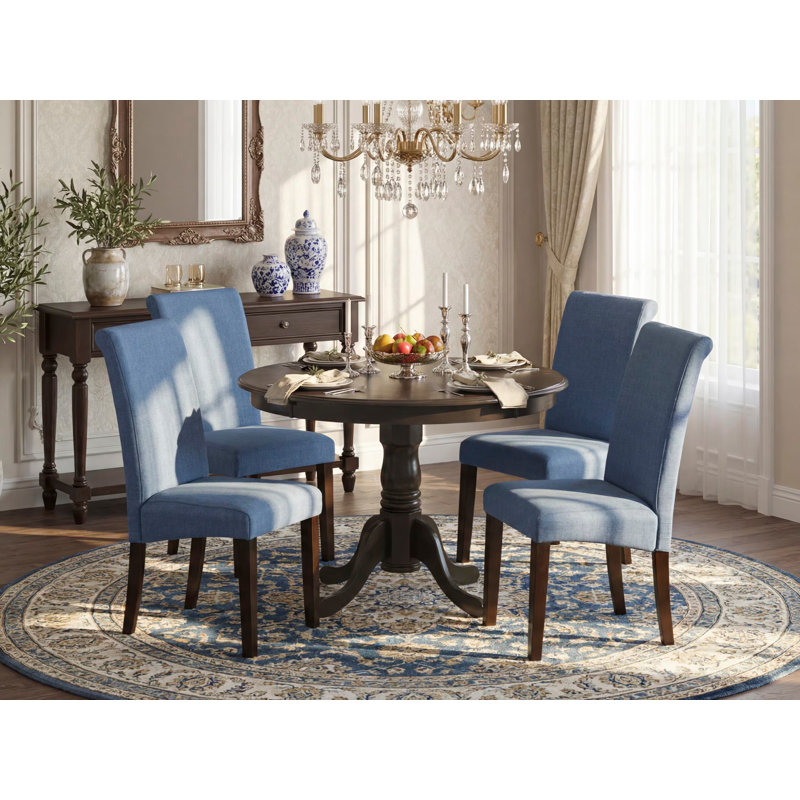 5 Piece Dining Room Table Set Includes a Round Kitchen Table with Pedestal and 4 Blue Color Linen Fabric Parson Dining Chairs, 42x42 Inch, Cappuccino