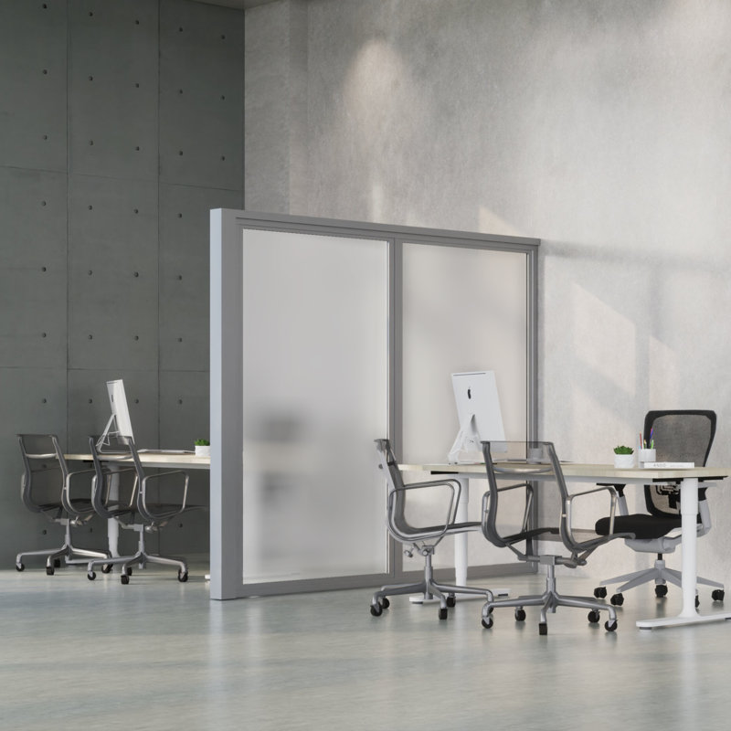 2 Panel Glass Stationary Fixed Office Partition Kit, Silver, Clear Glass