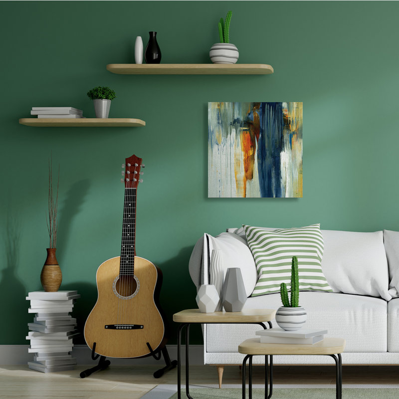 Peinture en cascade bleu vert orange par Lisa Ridgers - Peinture, Toile tendue, H 30 po x l 30 po x P 1,5 po