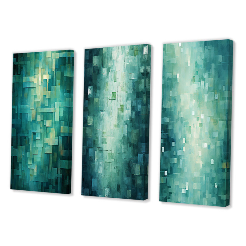 «California Sunshine Abstract Cubist Turquoise», ensemble de 3 reproductions, Toile tendue, H 32 po x l 48 po