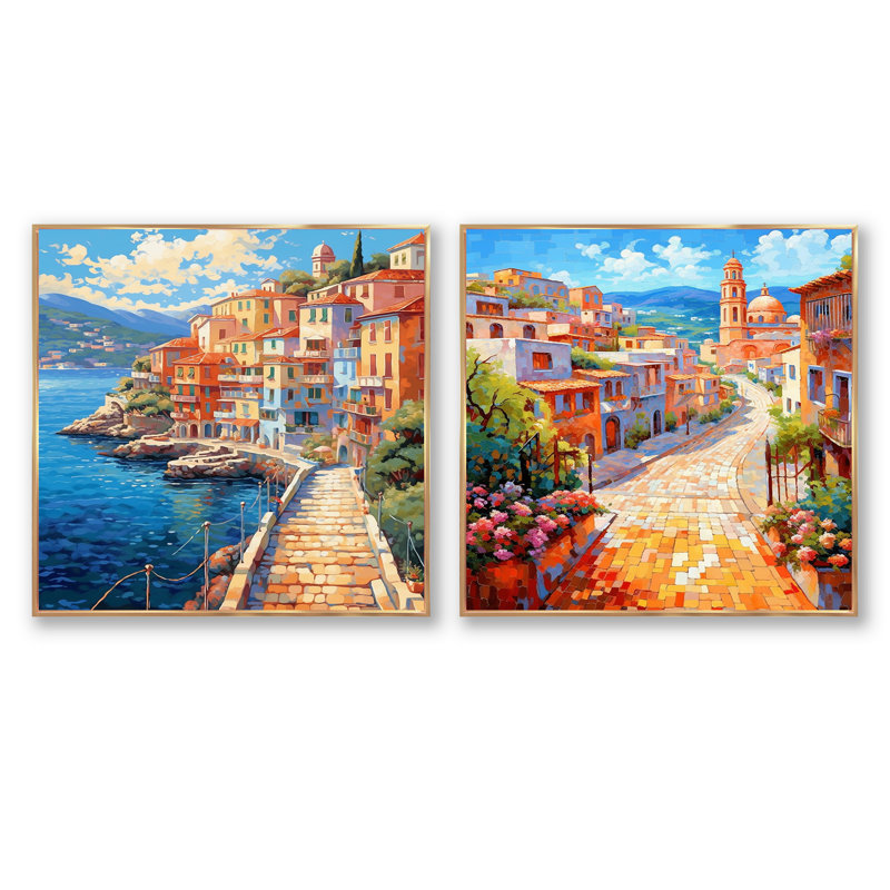 «Beautiful Port In Italy» - ensemble de 2 collages carrés, Cadre flottant doré, H 36 po x l 73 po