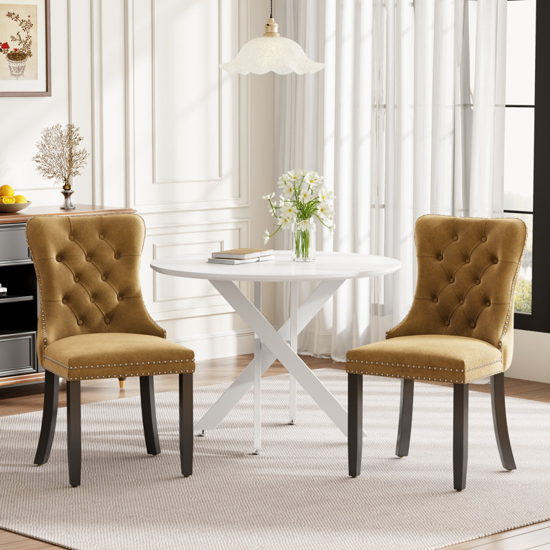 Round Wood Dining Set with Tufted Dining Chair, Yellow, 3, White