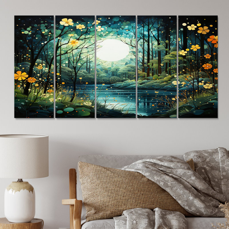 «Forest Enchanted Forest Pointillism I», impression sur toile de paysages - 5 panneaux égaux