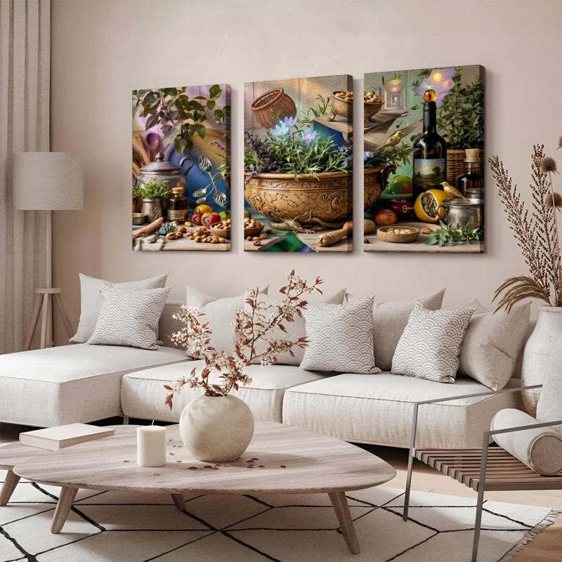 Ensemble de 3 tableaux sur toile tendue représentant un jardin d'herbes aromatiques, idéal pour la décoration de la cuisine et du salon.