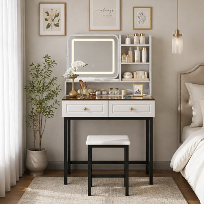 Makeup Vanity with LED Lighted Mirror and Stool