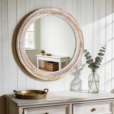 Miroir rond moderne minimaliste 27 po avec cadre perlé en bois massif, miroir de meuble-lavabo décoratif pour table et fixation murale, chambre à coucher, vestibule, salon