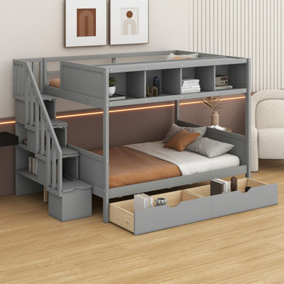 Lit superposé avec tablettes, escalier de rangement et 2 tiroirs