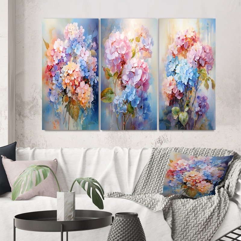 «Delicate Hydrangea Bouquet Tender Pastel», 3 pièces, H 40 po x l 60 po, Toile tendue