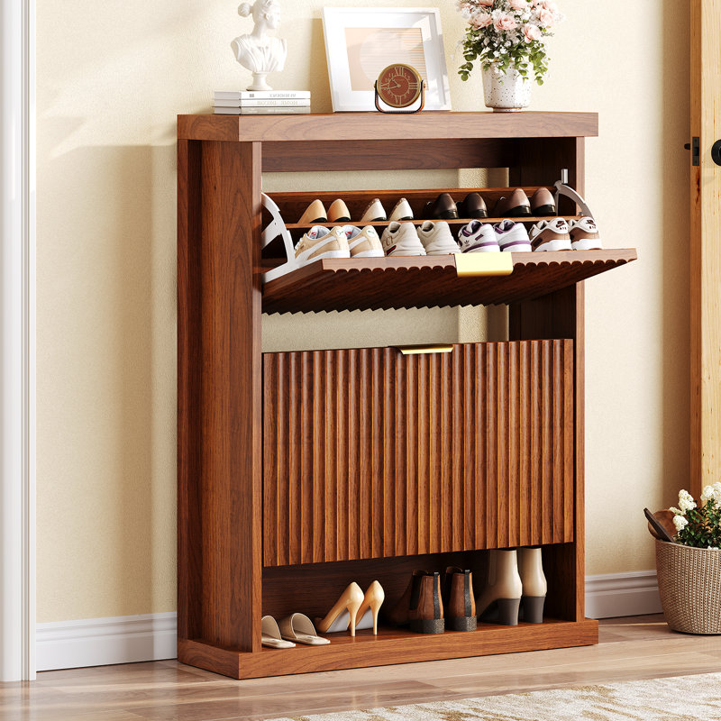 Knoworld Shoe Cabinet Storage For Entryway, 2 Flip Drawers With Toe Kick Space, Fluted Slim Shoe Cabinet For Foyer, Hallway