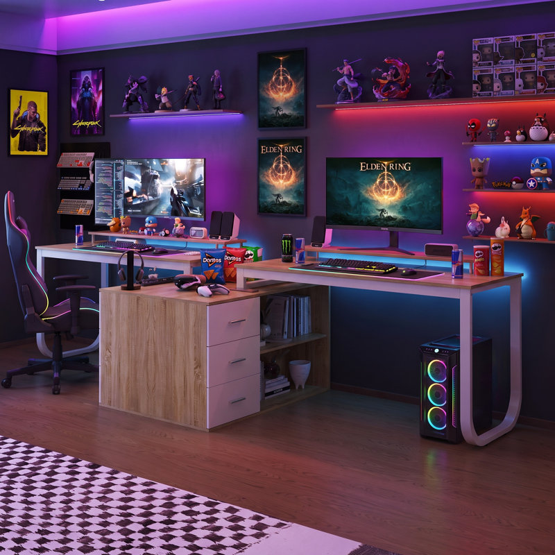 Ensemble de bureau de direction modulaire 2 pièces avec tiroirs et tablettes de rangement, poste de travail de bureau en L flexible