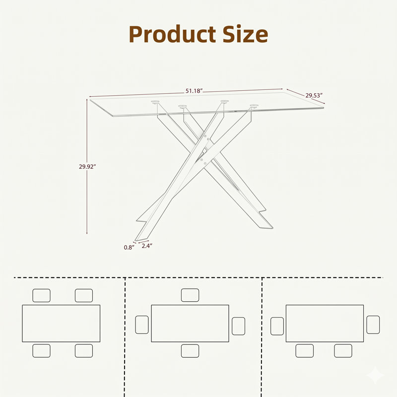 Carlinda Glass Dining Table for 4-6 People, Rectangular Kitchen Table with Cross Metal Legs, Modern Dining Table for Small Spaces