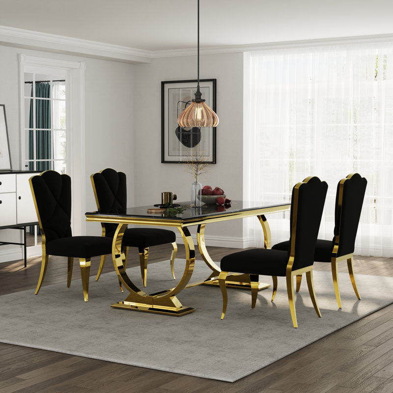 Ensemble de table de salle à manger luxueux et doré avec chaises en velours, 4, Noir / or / noir