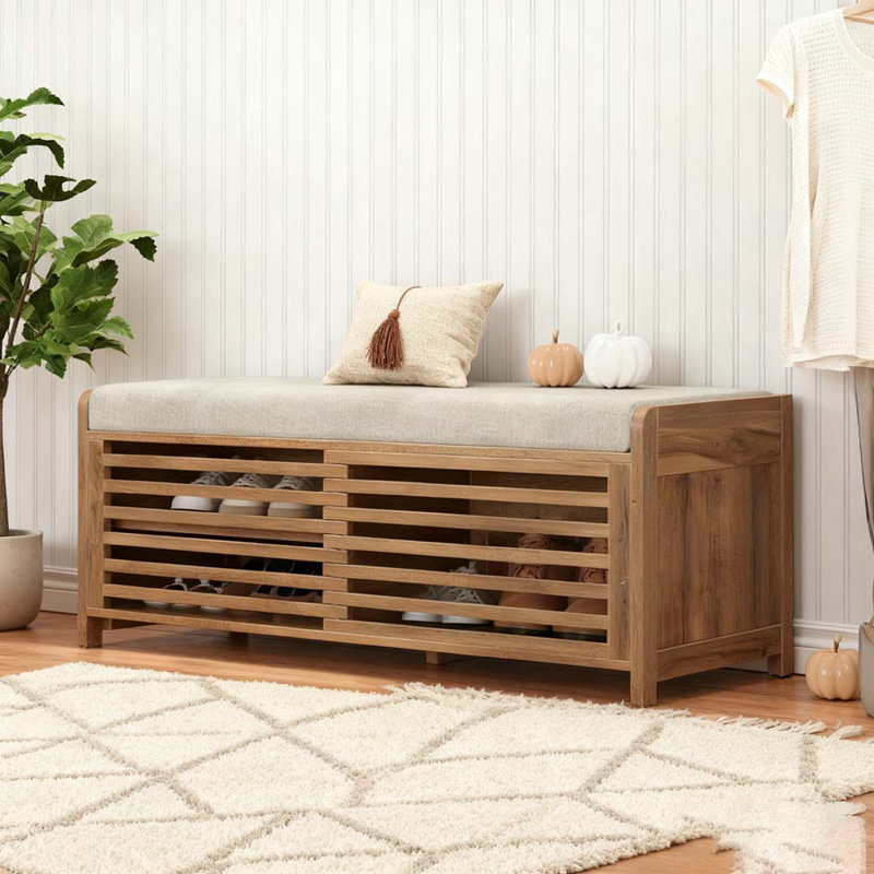 Banc à chaussures avec rangement et coussin, banc de rangement à volets vieillis avec charme rétro, Brun