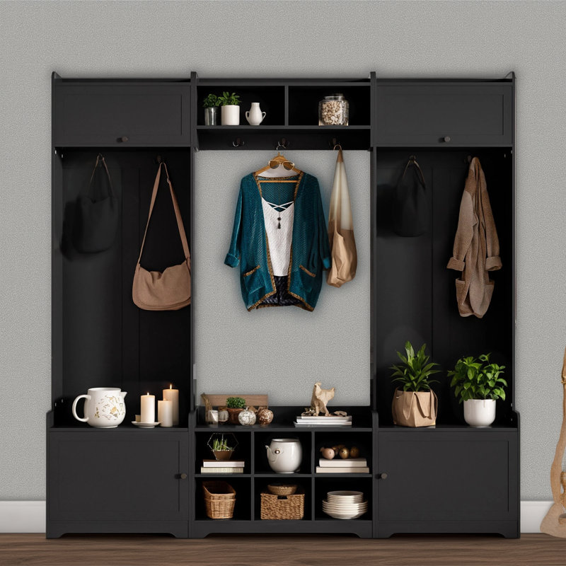 Black Modern Hall Tree (79.1 Inches Wide) 4 In 1 Entryway Bench With Shoe Storage, 8 Compartments + 7 Coat Hooks + Adjustable Shelves For Hallway Living Room