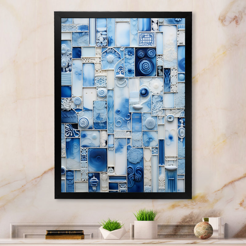 Carreaux botaniques bleus et blancs I - art mural abstrait, Cadre simple noir, H 40 po x l 30 po x P 1,5 po
