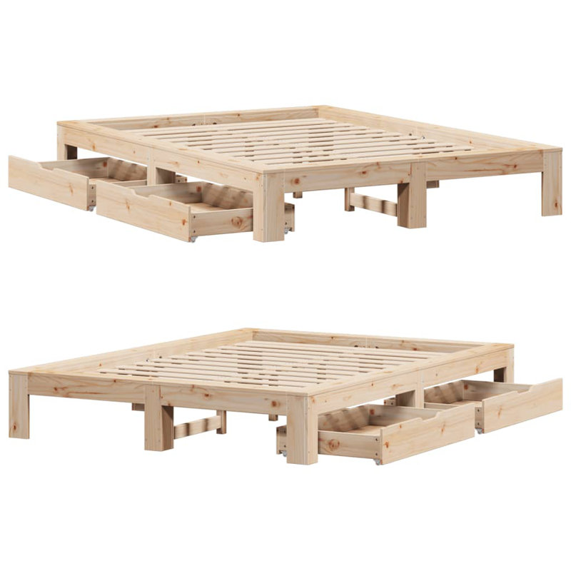 Solid Wood Drawers Bed Frame, European Double (140 x 200 cm), Brown