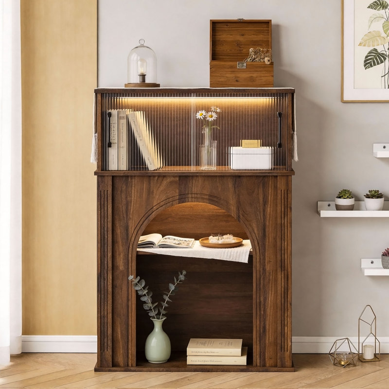 41.3" Tall Arched Accent Storage Cabinet with LED Lights & Glass Sliding Door 