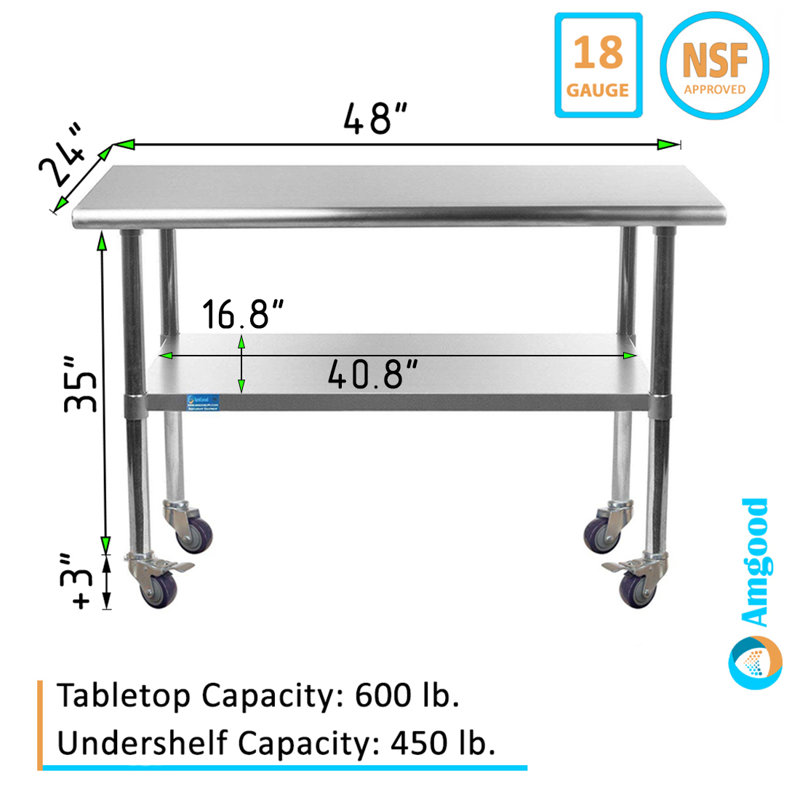 Table de préparation à roulettes 30 po avec plateau en acier inoxydable, gris