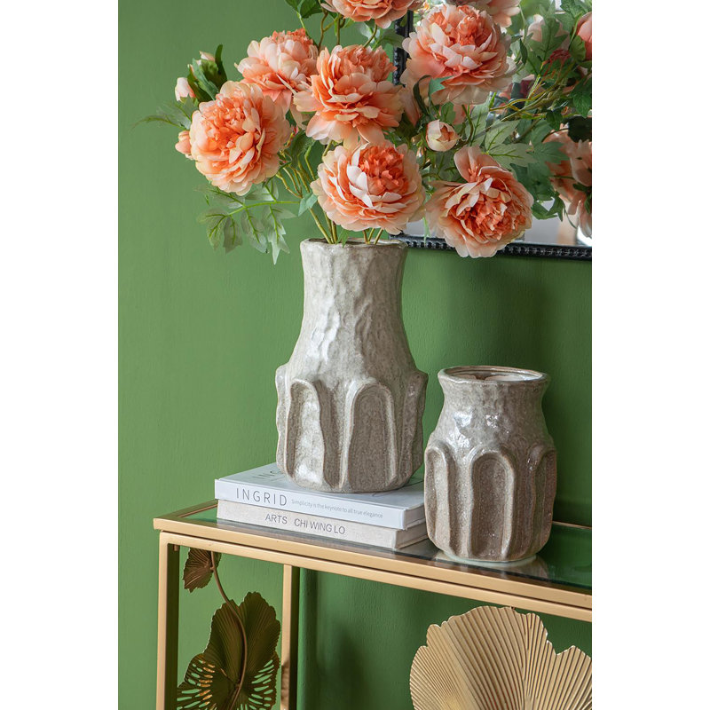 Decorative Ceramic Vase with Textured Ridged Design - 6" x 6" x 8" - Gold