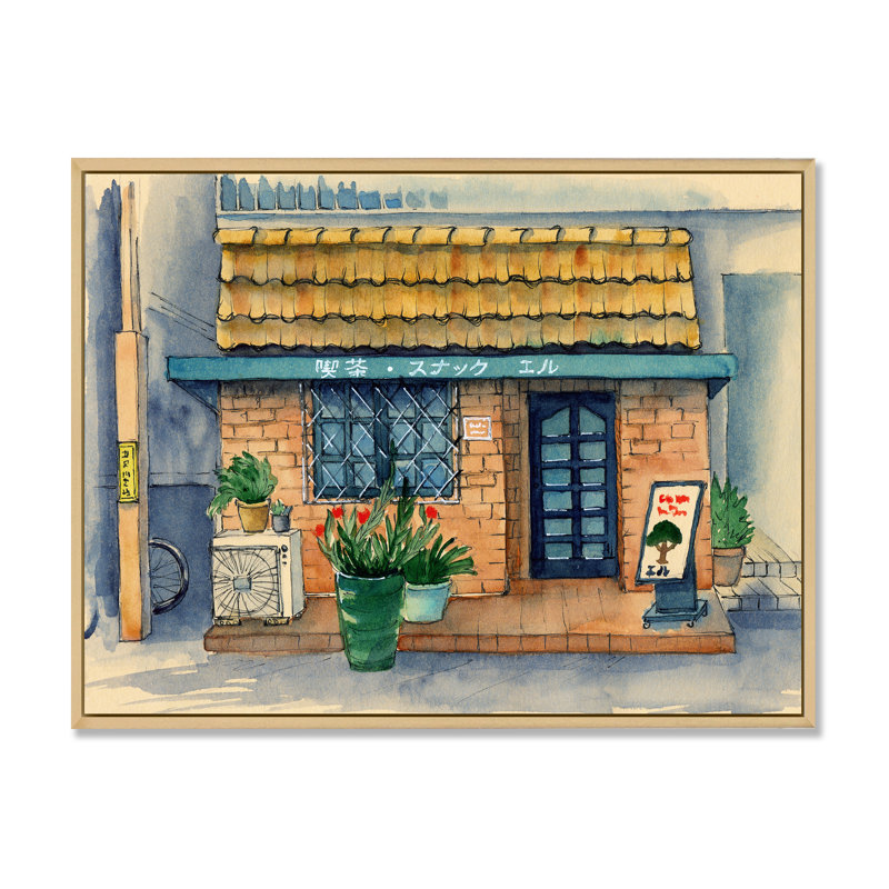 Petit café asiatique sous un toit de tuiles - reproduction sur toile, H 24 po x l 32 po x P 1 po, Cadre flottant en érable