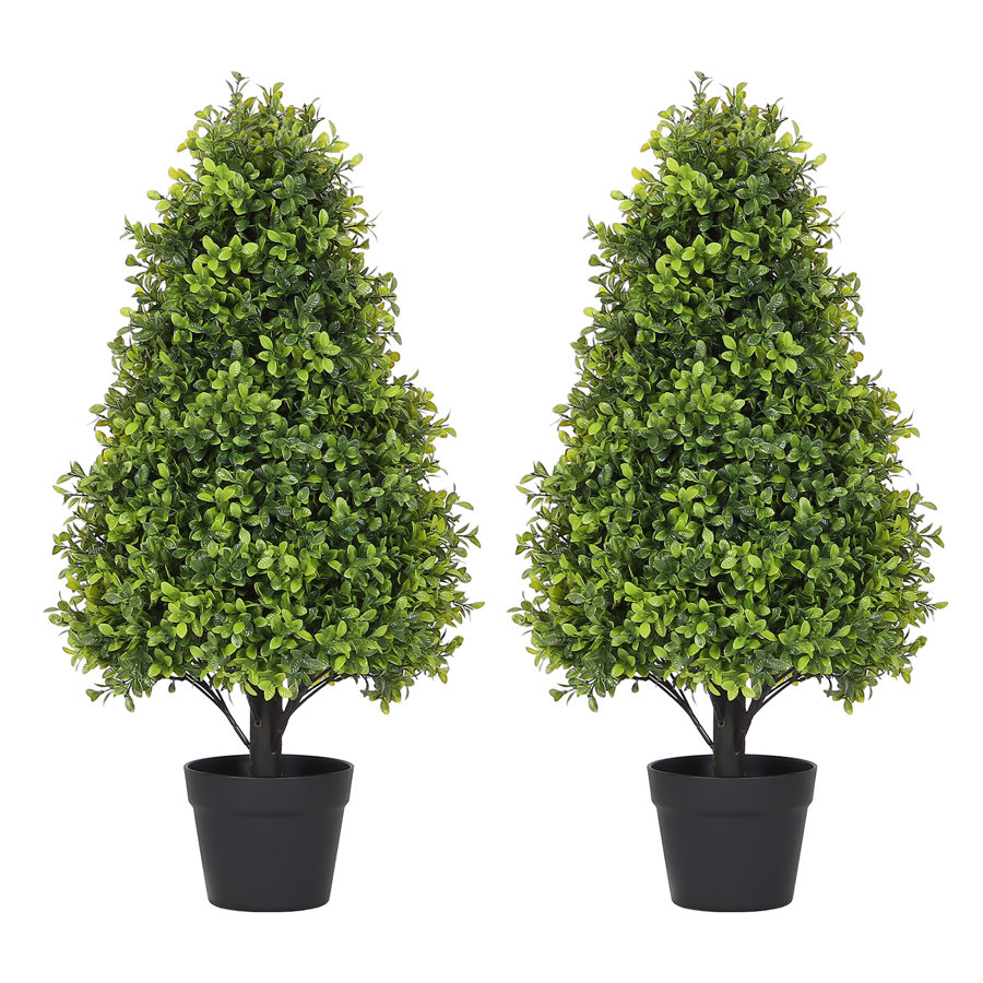 Artificial Topiary Boxwood Tree, Faux Shrub in Black Plastic Pot