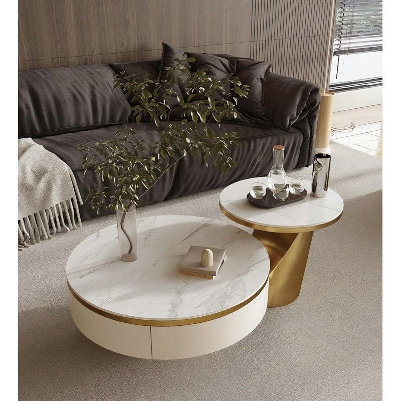 Danieka Modern Luxury Round Nesting Coffee Table Set With Faux Marble Countertop, Fully Assembled, White/Gold