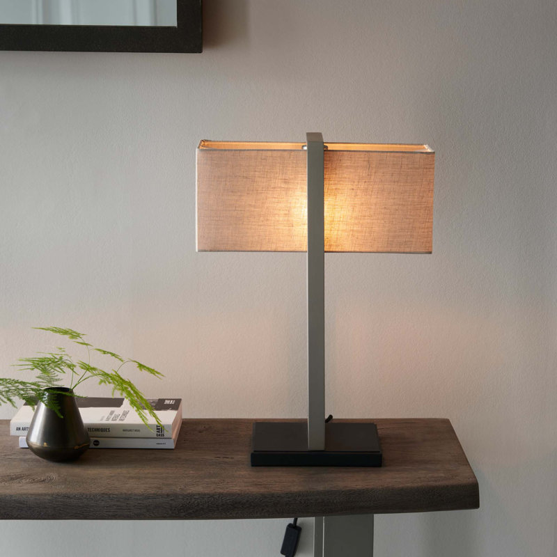Quellenhof 50cm Bed Side Table Lamp Floor and Table Lamp Base Set with USB and Outlet, Satin Nickel Base/Natural Shade