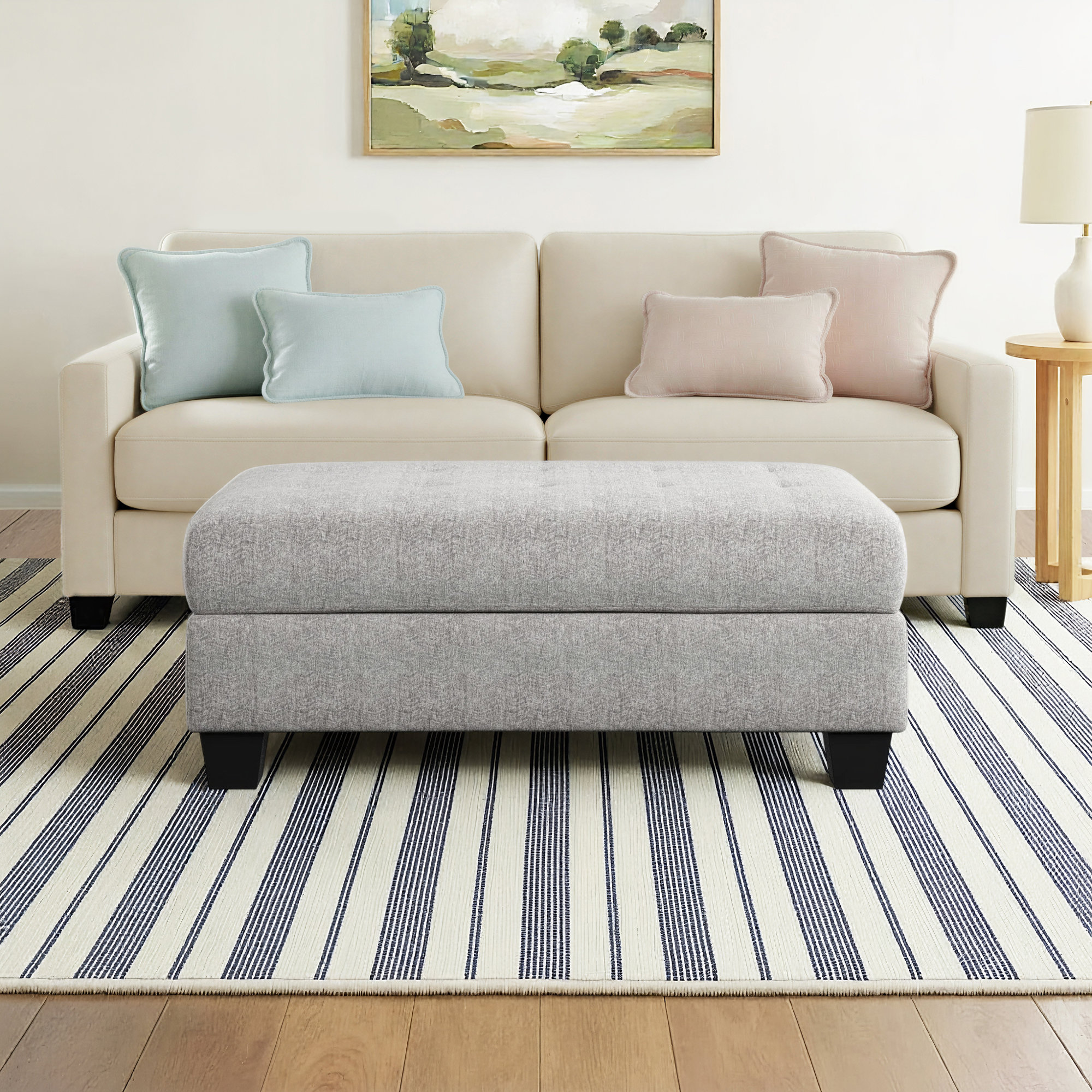 48" Wide Storage Ottoman with Tufting in Gray Chenille