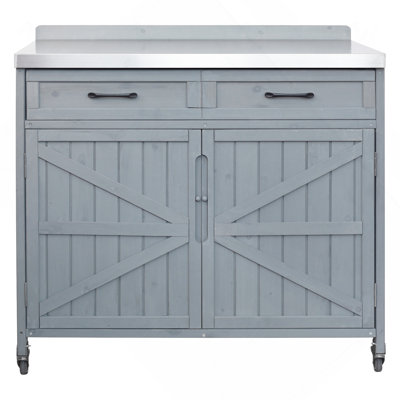 39.4" Outdoor Pizza Prep Cart & Grill Table with Stainless Steel Top, 1 Large Drawer, Adjustable Shelves & Wheels, Grey Blue